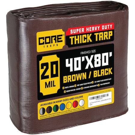 Heavy Duty Tarp, 80 ft L x 0.5 mm H x 40 ft W, 20 Mil, Brown/Black, Polyethylene